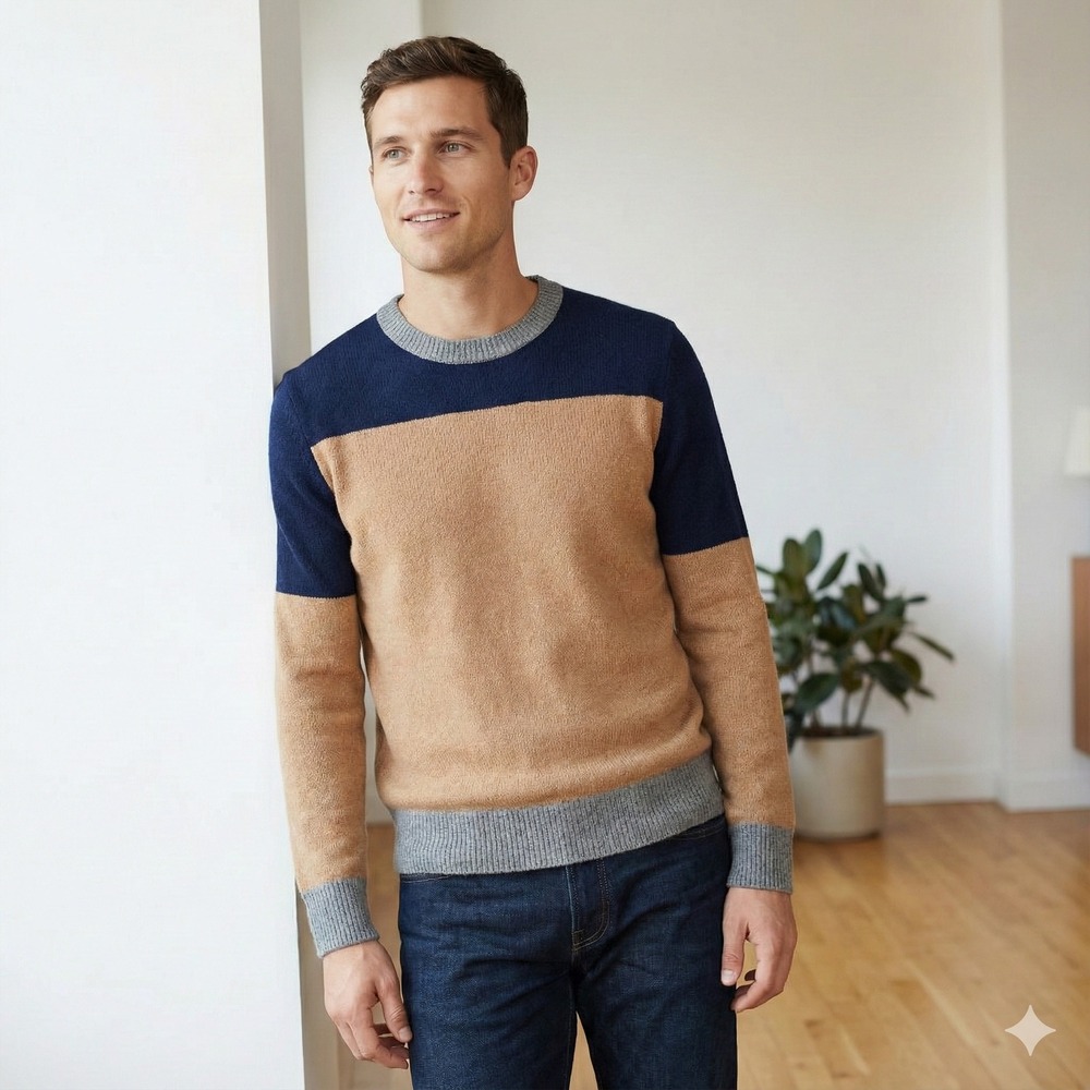 J Crew Sweater Mens Small Colorblock Merino Wool Blend Sweater Navy Tan Grey - Picture 1 of 12